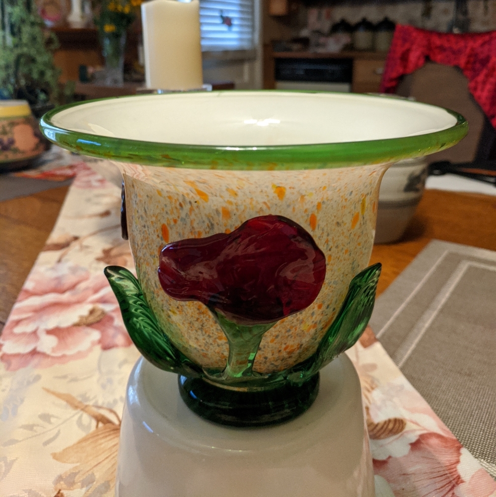 Vintage Handblown speckled colorful vase/bowl with flowers and base